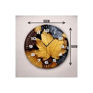 Reloj de pared de mesa de madera silencioso de 50cm Impresión en color amarillo y negro con patrón de hojas Producto de regalo - Product Image 1