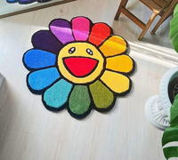 Takashi Murakami, alfombra moderna hecha a mano de lana copetuda, 3x3 pies, flor colorida y Diseño de Sonrisa para sala de estar, dormitorio, comedor
