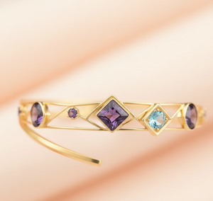 Bracelet en argent sterling 925 plaqué or 18 carats avec améthyste bleue carrée de 10 mm et topaze bleue ronde, à porter tous les jours, cadeau pour elle - Product Image 3