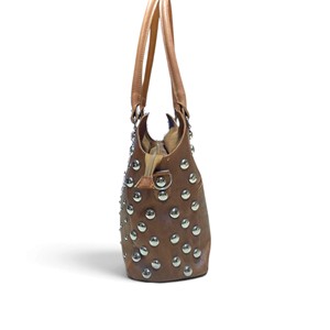 Sac fourre-tout marocain en cuir véritable marron, couleur unie, avec rivets, bandoulière, grande capacité, fermeture éclair, pour le quotidien et les voyages - Product Image 3