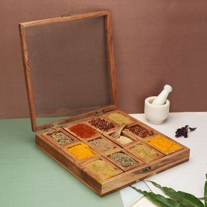 PUTTING NATURAL WOODEN Boîte à épices de table en bois imprimée de qualité supérieure avec compartiments séparés pour épices et fruits secs - Product Image 2