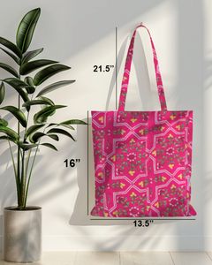 Bolsa de Mano de Algodón Estampada con Diseño Geométrico Tradicional Rosa, Ecológica, Reutilizable, Ligera, para Compras Diarias - Product Image 2