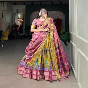 Lehenga Choli y Dupatta de Seda Dola, Estilo Moderno, Pesado y Hermoso, con Estampado Kalamkari y Trabajo de Tejido Zari, Suministro al por Mayor - Product Image 1