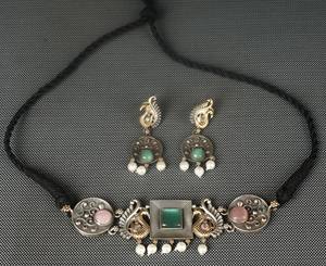 Ensemble collier et boucles d'oreilles en pierre précieuse Monalisa bleu argent oxydé rose, bijoux ethniques bohèmes, cadeau pour elle - Product Image 3