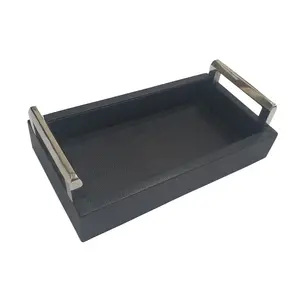 High Quality Inside & Outside Real Leather Bedside Turndown Tray with Metal Handle.