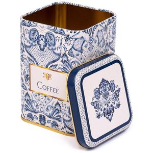 Boîte en métal carrée à couvercle coulissant 1L 90x90x125mm Motif décoratif bleu blanc inspiré de l'azulejo recyclable de qualité alimentaire pour boisson - Product Image 1