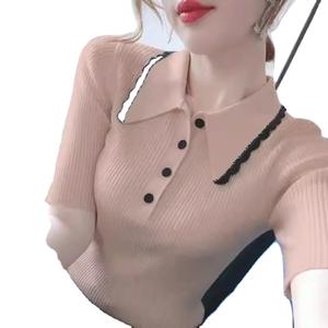 Camiseta de manga corta de verano 2024 para mujer, Jersey ajustado de Color sólido con botones y cuello Polo empalmado, camiseta interior de punto transpirable, Tops - Product Image 1