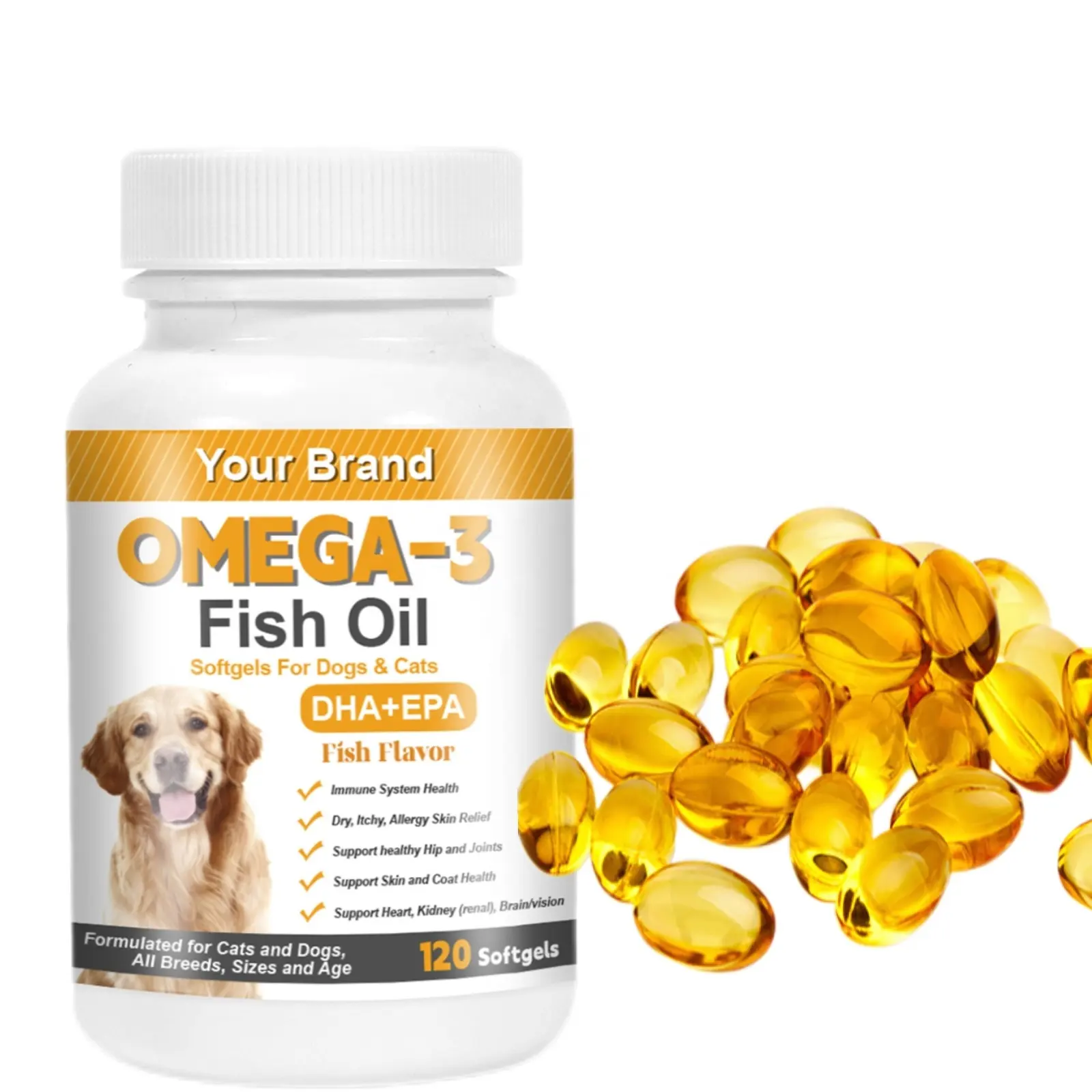 OEM suplemen Softgel hewan peliharaan Omega-3 dengan DHA + sistem kekebalan tubuh dukungan minyak ikan EPA untuk anjing dan kucing