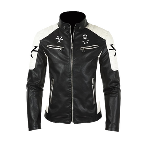 Giacca in pelle Slim Fit T6X con colletto rialzato nero e bianco - Product Image 1