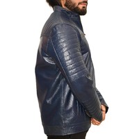Unisex Marineblau Echtes Büffelleder Slim Fit Biker-Stil Winter Stehkragen Winddichte Umweltfreundliche Motorradjacke