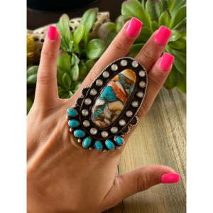 Navajo Handmade Turquoise & Opal Sterling <b>Silver</b> <b>Adjustable</b> Boho Statement <b>Ring</b> - Product Image 2