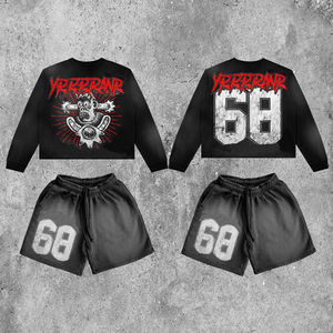 New Wholesale Custom Acid-Washed Screen Printing <b>Patchwork</b> Embroidery Oversized Eco-Friendly Custom Logo T-shirts Shorts Sets - Product Image 4