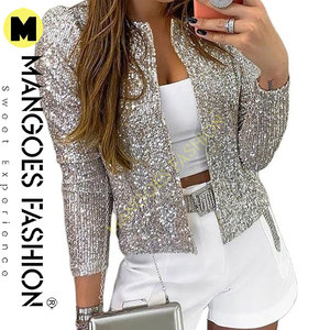 Elegant Winter Quilted Open Front Crop <b>Jacket</b> Women Statement-Making <b>Silver</b> Sparkly Sequin Blazer Coat Puff Long Sleeves - Product Image 2