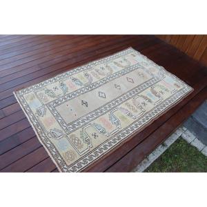 Petit tapis vintage 3x4,6 pieds, tapis turc en laine camouflage brun et blanc - Product Image 2