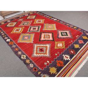 Alfombra de 6.46x10 pies, Alfombra Turca Vintage, Alfombra de Lana con Puntos Rojos y Morados - Product Image 1