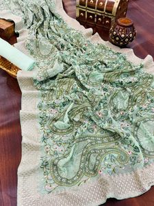 Nuevo Lanzamiento de tela Georgette de gasa con bordado c-pallu y Sari adjunto con diamantes de trabajo manual para mujer - Product Image 4