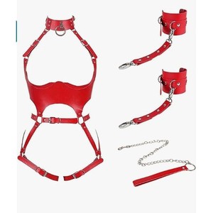 Conjunto de lencería de cuero con encaje hueco y esposas - Product Image 4