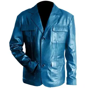 男士小羊皮蓝色皮革运动夹克配三扣修身正式皮革运动夹克男士专用结婚外套