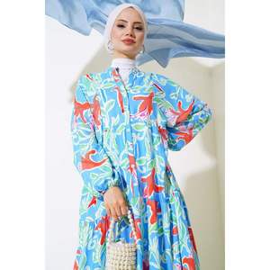 Vestido casual azul con diseño de patrón mixto de botón frontal de media tapeta - Product Image 1