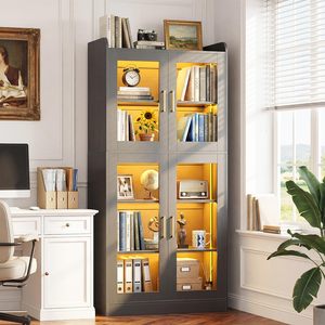 Librero Moderno de Madera Gris Oscuro con Puertas de Vidrio y Luces LED, Mueble Alto para Oficina en Casa, Estantería para Archivos - Product Image 3