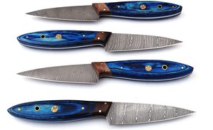 Juego de Cuchillos para Carne de Acero de Damasco Hechos a Mano, Estilo Nórdico Profesional, Cuatro Piezas, Mangos Ambidiestros de Madera Pakka, Recubiertos, Rectos - Product Image 5
