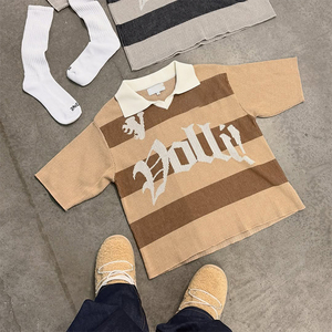 Logo personnalisé Vêtements d'entraînement de football à rayures Vêtements de football à col en V Maillot de football rétro Polo en coton pour hommes Tricot de grande taille - Product Image 3