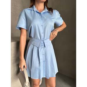 ชุดเซ็ตกระโปรงและเสื้อเชิ้ตสีน้ำเงินลายเส้นสำหรับผู้หญิง Mybeefashion - ชุดสองชิ้นผ้าคอตตอนผสมสำหรับใส่ในชีวิตประจำวัน - Product Image 3