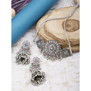 GS Pink and SkyBlue Flower Round <b>Choker</b> for Party Occasions - Product Image 1