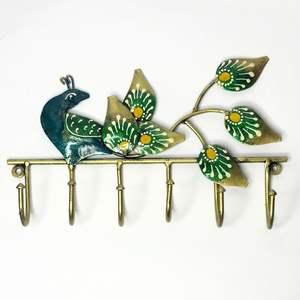 Fleur de bois Antique Peacock Quills porte-clés mural avec 6 crochets de suspension écologique multifonction décor à la maison - Product Image 3