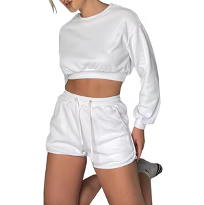 Ensemble de survêtement pour femmes en molleton français surdimensionné avec fermeture éclair, effet délavé, patch brodé, jogging court, 2026 - Product Image 3