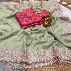 ชุดส่าหรีผ้าไหมเนื้อนุ่มบริสุทธิ์พร้อมผ้าปักและตัดเย็บขอบเสื้อแฟนซีชุดงานแต่งงานและปาร์ตี้ส่าหรี - Product Image 1