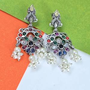 Boucles d'oreilles en laiton argenté oxydé, magnifiquement ornées de pierres multicolores, cadeau pour elle - Product Image 3