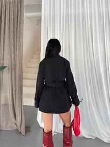 Elegant <b>Black</b> Trench Coat With Belt Stand Collar Full Sleeve Solid Color Autumn Wear Windproof Short Length Women's Coat - Product Image 4