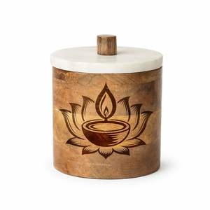 Pot de rangement en bois avec sculpture de lotus et de diya et couvercle en marbre, décoration de festival indien, boîte ronde en bois d'acacia - Product Image 1