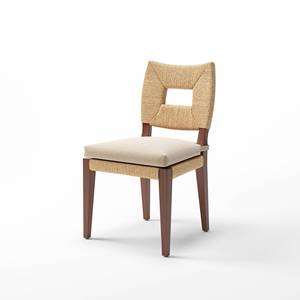 Silla de Comedor Recha de Diseño Moderno en Madera de Teca Sólida, Altura Ajustable, Acabado Natural, Cuerda Tejida y Cojín de Terciopelo para Muebles de Hogar y Jardín - Product Image 1