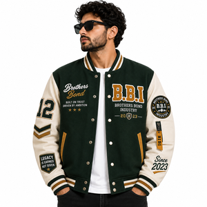 <b>Mens</b> Customizable Breathable 100% Wool Letter Graphic Varsity Bomber <b>Jacket</b> <b>Long</b> Sleeve Striped Trim Button Front Casual - Product Image 5