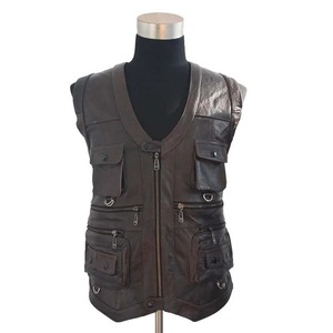 Gilet en cuir véritable sans manches pour homme, veste décontractée avec plusieurs poches, marron, noir, coupe-vent, grande taille - Product Image 1