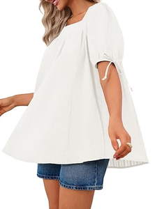 Blusa Blanca Moderna para Mujer, Manga Corta Abullonada, Cuello Cuadrado, Cuello con Lazo, Largo Medio, Tela Ligera, Estilo Casual - Product Image 4