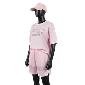 Ensemble short de basketball pour femme en maille polyester douce premium GSM rose, tenue d'entraînement avec logo thermocollé, ensembles pour femme 100% coton - Product Image 4