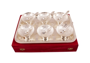 IndianArtVilla Juego de 6 cuencos pulidos de chapado en oro plata pura, servicio con 6 cucharas 1 bandeja para uso doméstico en restaurante - Product Image 4