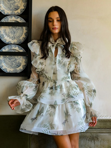 Minigonna Stile Dolce Francese con Volant, Nuova Moda 2025, Abito <span class=keywords><strong>a</strong></span> <span class=keywords><strong>Campana</strong></span> con Maniche <span class=keywords><strong>a</strong></span> <span class=keywords><strong>Campana</strong></span> in Rete Stampata e Vita Stretta - Product Image 2