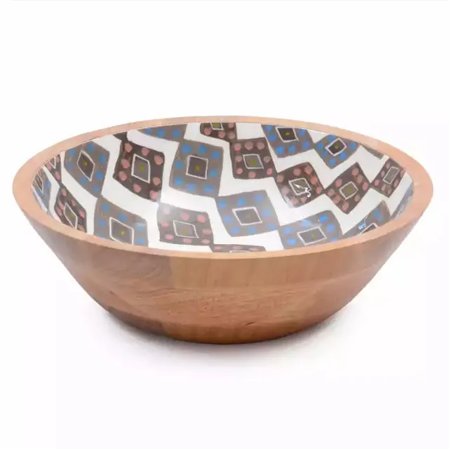 뜨거운 판매 2024 멀티 디자인 에나멜 인쇄 및 다양한 크기 아카시아 샐러드 그릇 장식 수제 디자인 도매 샐러드 그릇
