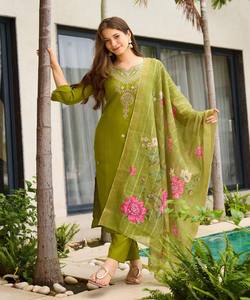 MODERN <b>VISCOSE</b> RAYON SEQUENCE EMBROIDERY WORK <b>TOP</b> BOTTOM WITH DUPATTA MAHNDI COLOR FESTIVE WEAR WHOLESALE PRICE ETHNIC GARMENT - Product Image 3
