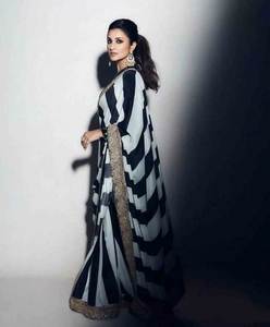 Black & White Color Combination Bollywood Inspired 5.5 MTR Length Trendy Faux Fur Saree Blouse Piece for Party Wholesale - Product Image 3