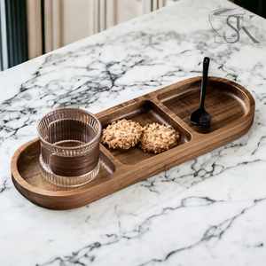 Wholesale Bulk Selling Round Shape Attractive Unique Designer Round Shape <b>Wooden</b> <b>Tray</b> With Gold Plated Metal Leaves Handles - Product Image 3