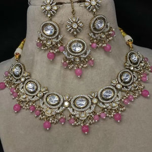 Ensemble de bijoux de mariée en laiton Kundan avec collier et boucles d'oreilles en diamants américains pour mariages fiançailles occasions spéciales - Product Image 1