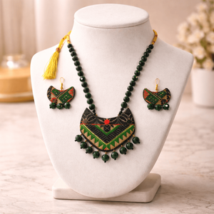 Handmade Gamusa Assamese Traditional <b>Green</b> Muga <b>Silk</b> Necklace Set Fine Jewelry with Tribal Pattern - Product Image 1