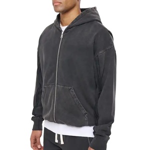 Custom Zip Winter Hoodies 500 Gsm 100% Cotton Fleece <b>Drop</b> Shoulder Oversized Vintage Distressed <b>Acid</b> Washed Plain Dyed - Product Image 1