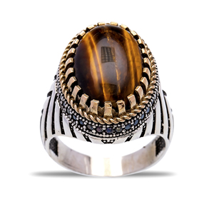 Anillo de Plata de Ley 925 con gema de ojo de gato para hombre, sortija ovalada, diseño otomano, turco, hecho a mano - Product Image 3
