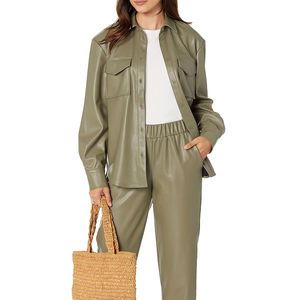 Chemise-veste en simili cuir pour femmes, boutonnée, légère, en PU, haut à manches longues, chemisier, manteau, tendance, décontractée, chemise en cuir pour femmes - Product Image 3